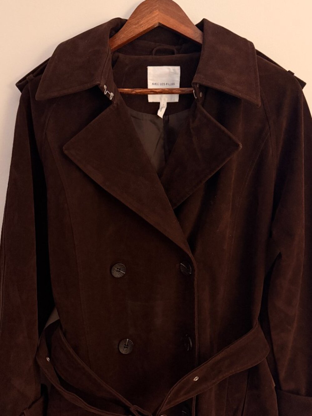 NWT Avec Les Filles Double Breasted Brown Faux Suede Maxi Trench Coat, Size L - Picture 4 of 9